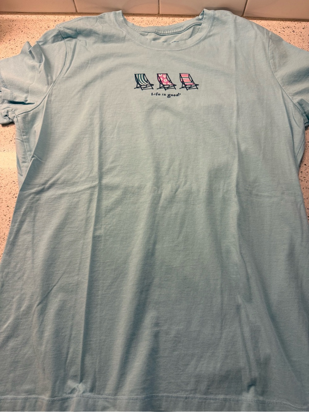 Life Is Good Light Women’s Blue Short Sleeve Tee with Deck Chair Graphic